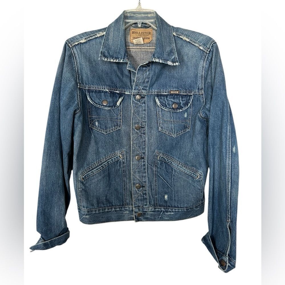 HOLLISTER Sanforized Denim Jean Jacket Distressed Vintage Style Button-Front L